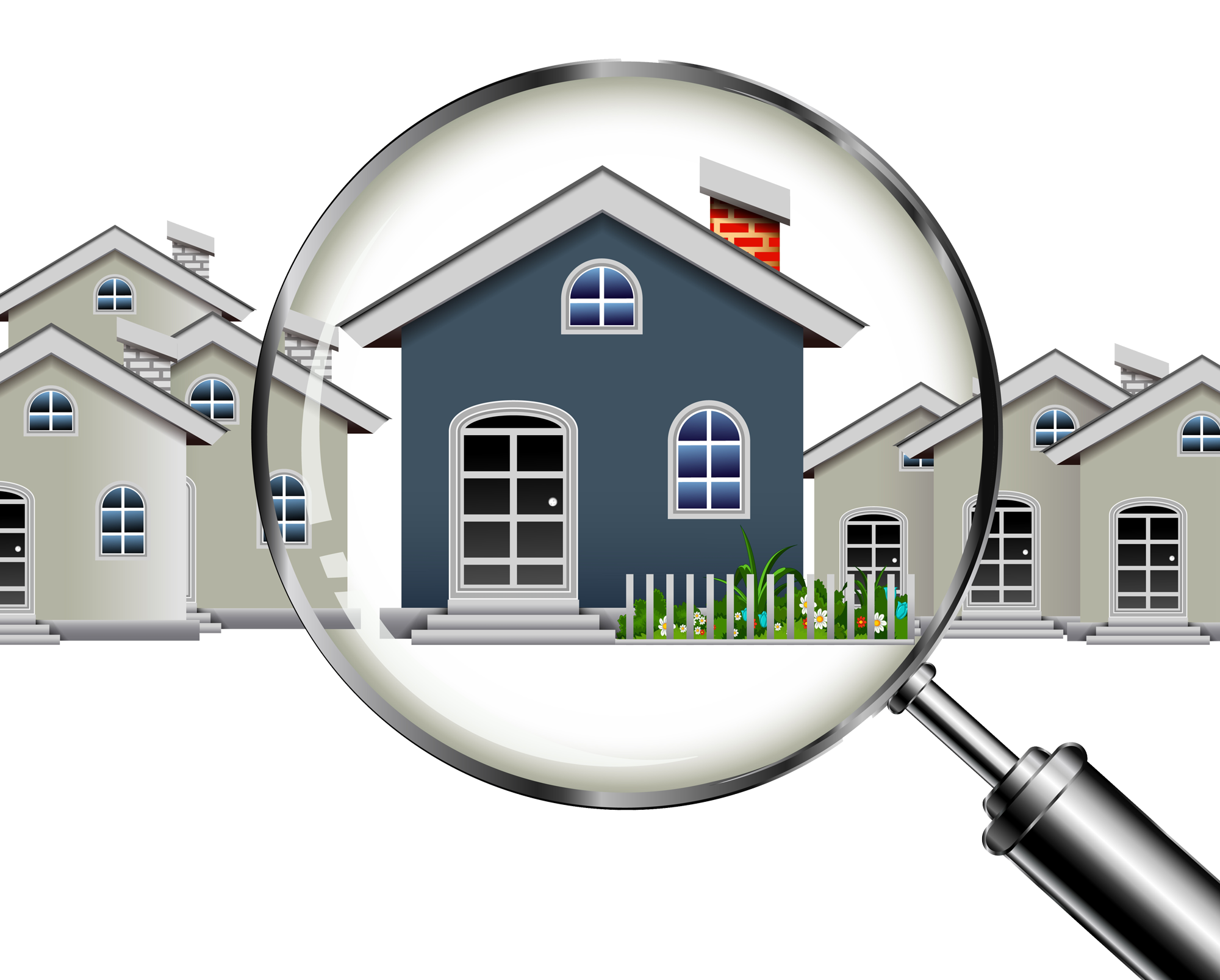 Magnifying glass looking at pictures of homes