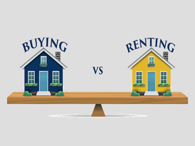 Drawing of homes with rent or buy written on them